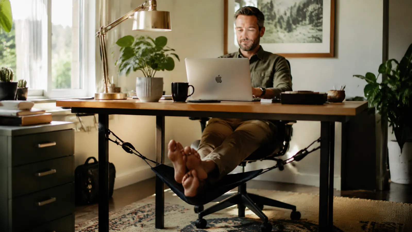 Traveler working at a desk with feet resting in a foot hammock under the desk
