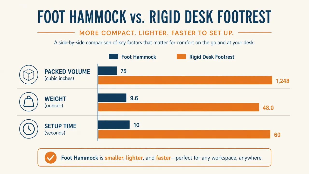 Bar chart comparing packed size, weight, and setup time between a foot hammock and a rigid desk footrest
