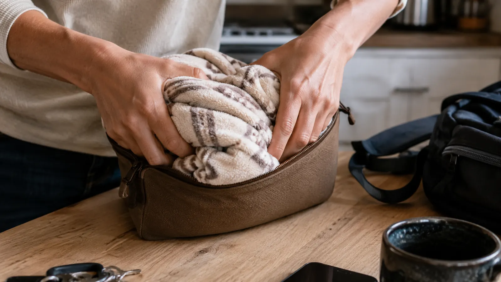 Close-up of hands folding the EverSnug blanket back into its compact pillow pouch