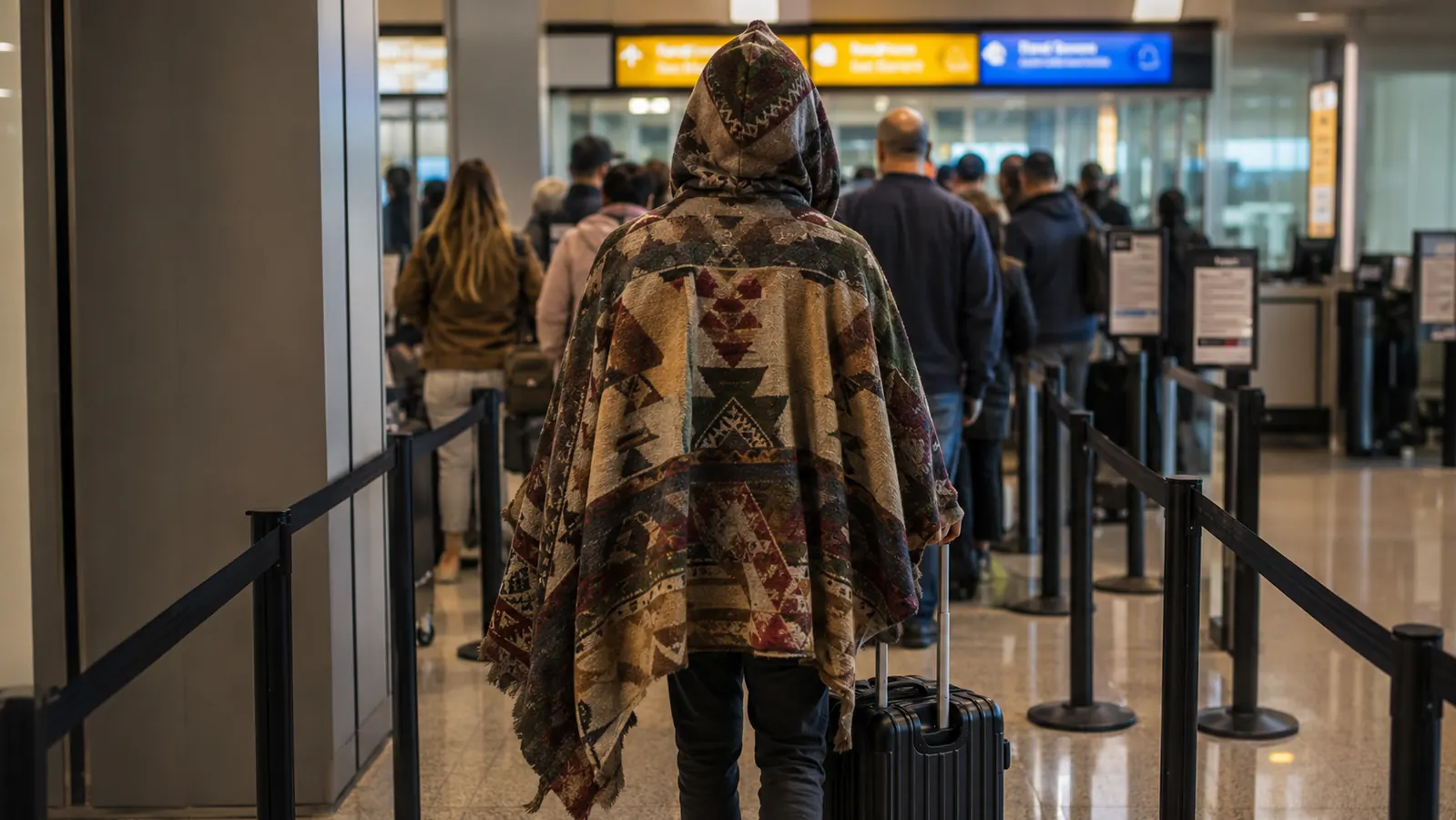 Traveler wearing the EverSnug as a hooded poncho while waiting in a security line