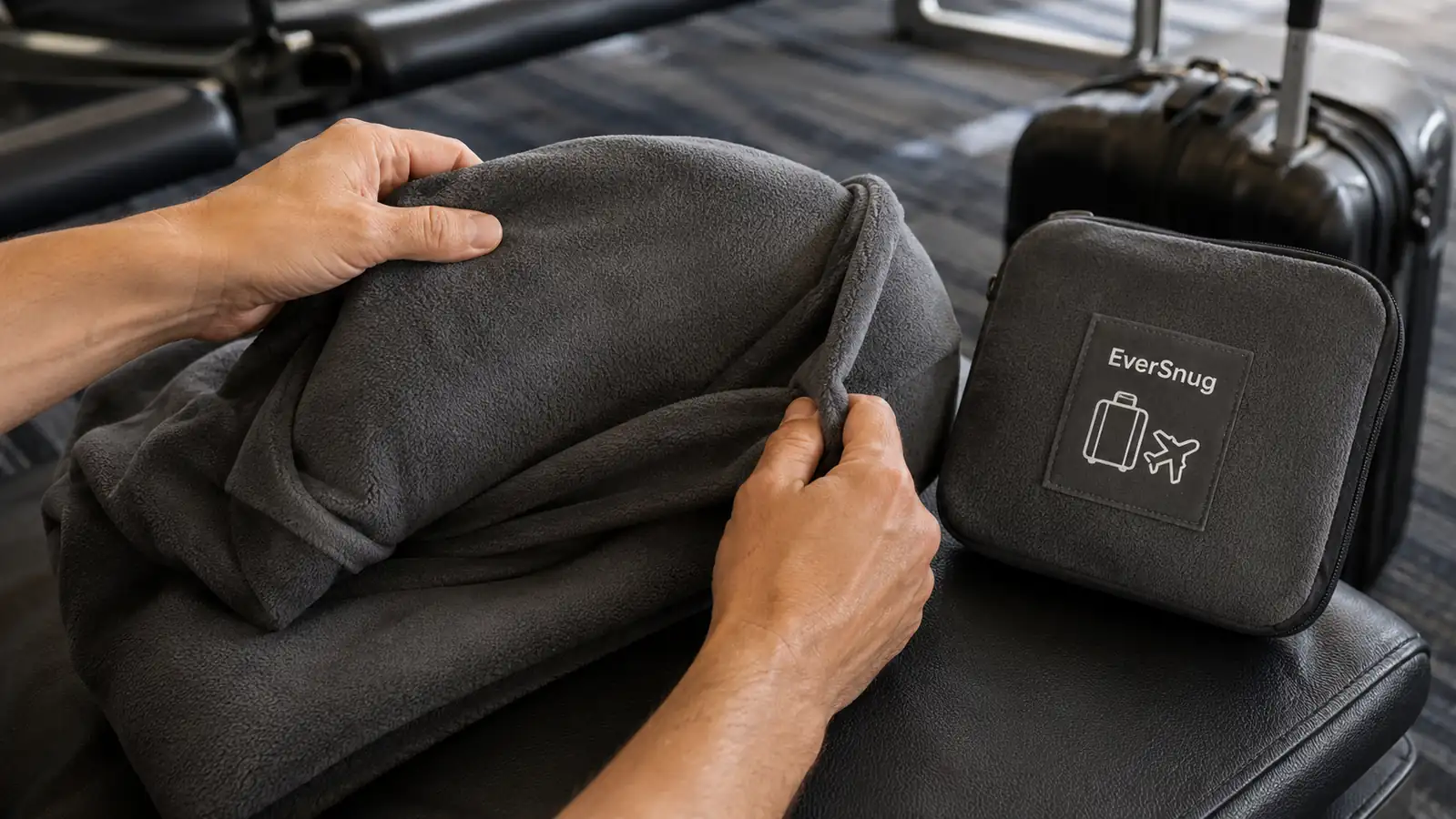 Hand folding the EverSnug travel blanket into its own attached pillowcase pouch on an airport gate bench