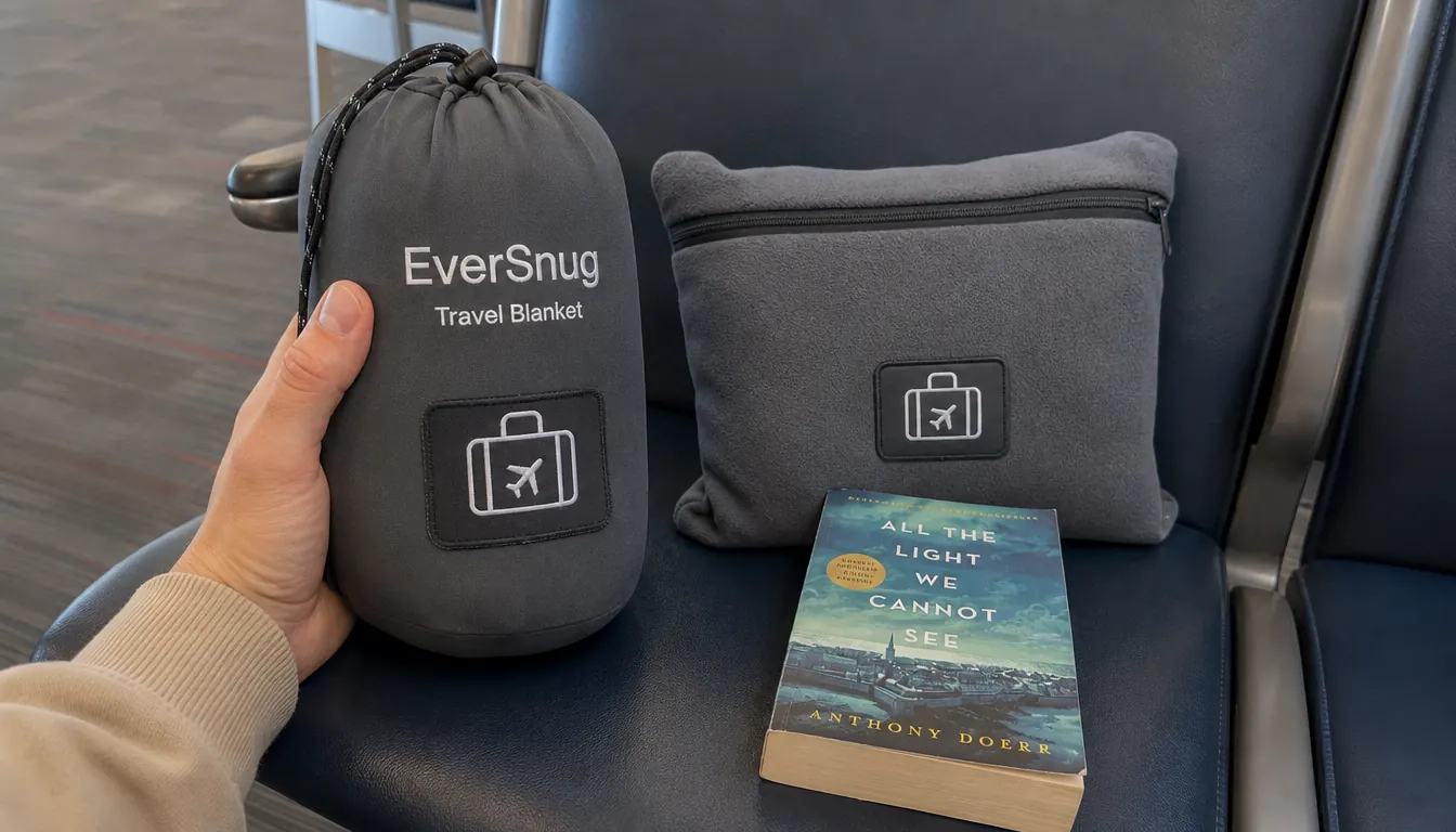 Hand holding the EverSnug blanket's compact drawstring pouch next to a paperback book for size reference