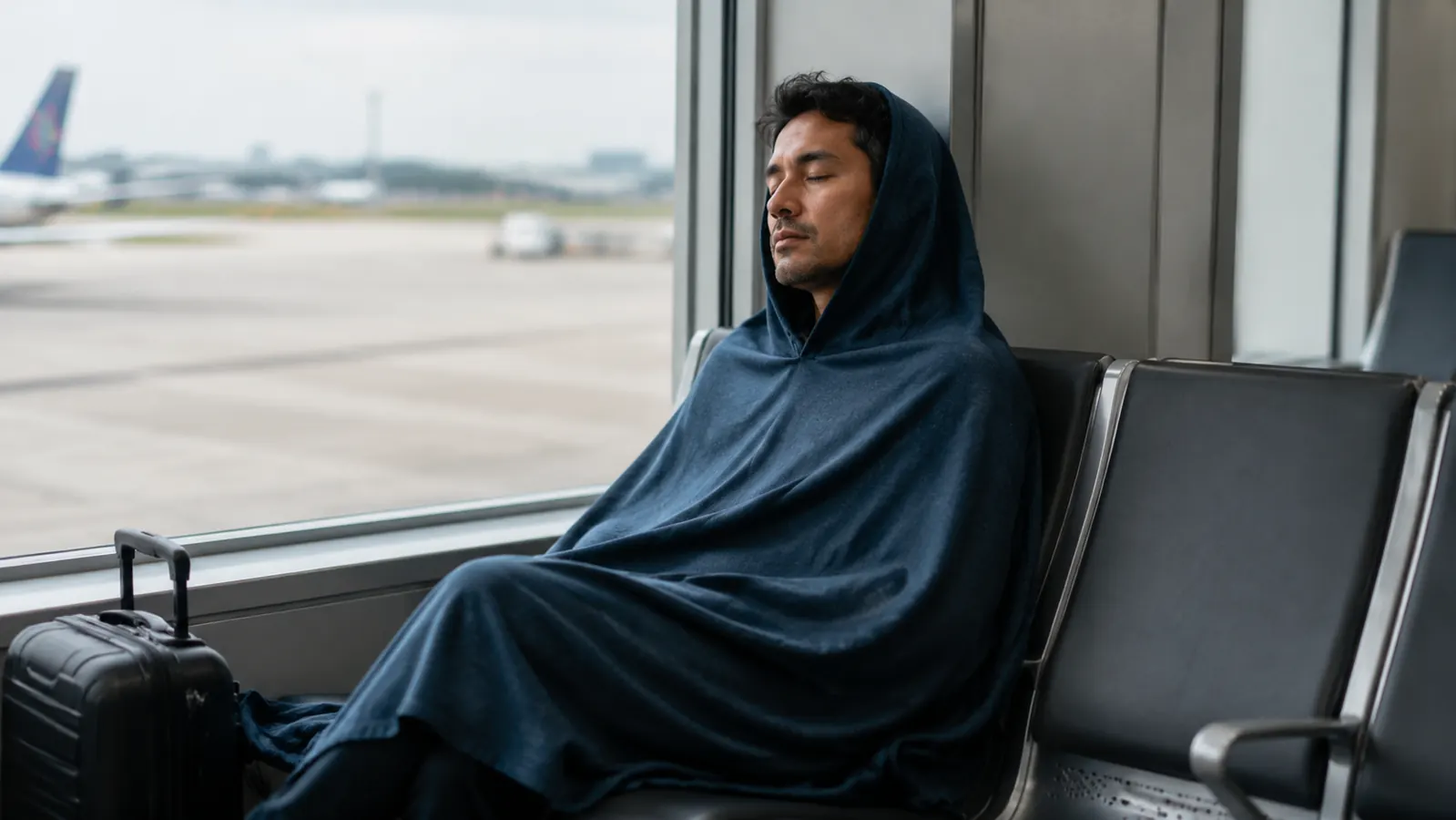 Traveler wrapped in a poncho-style travel blanket with the hood up, dozing in an airport gate chair