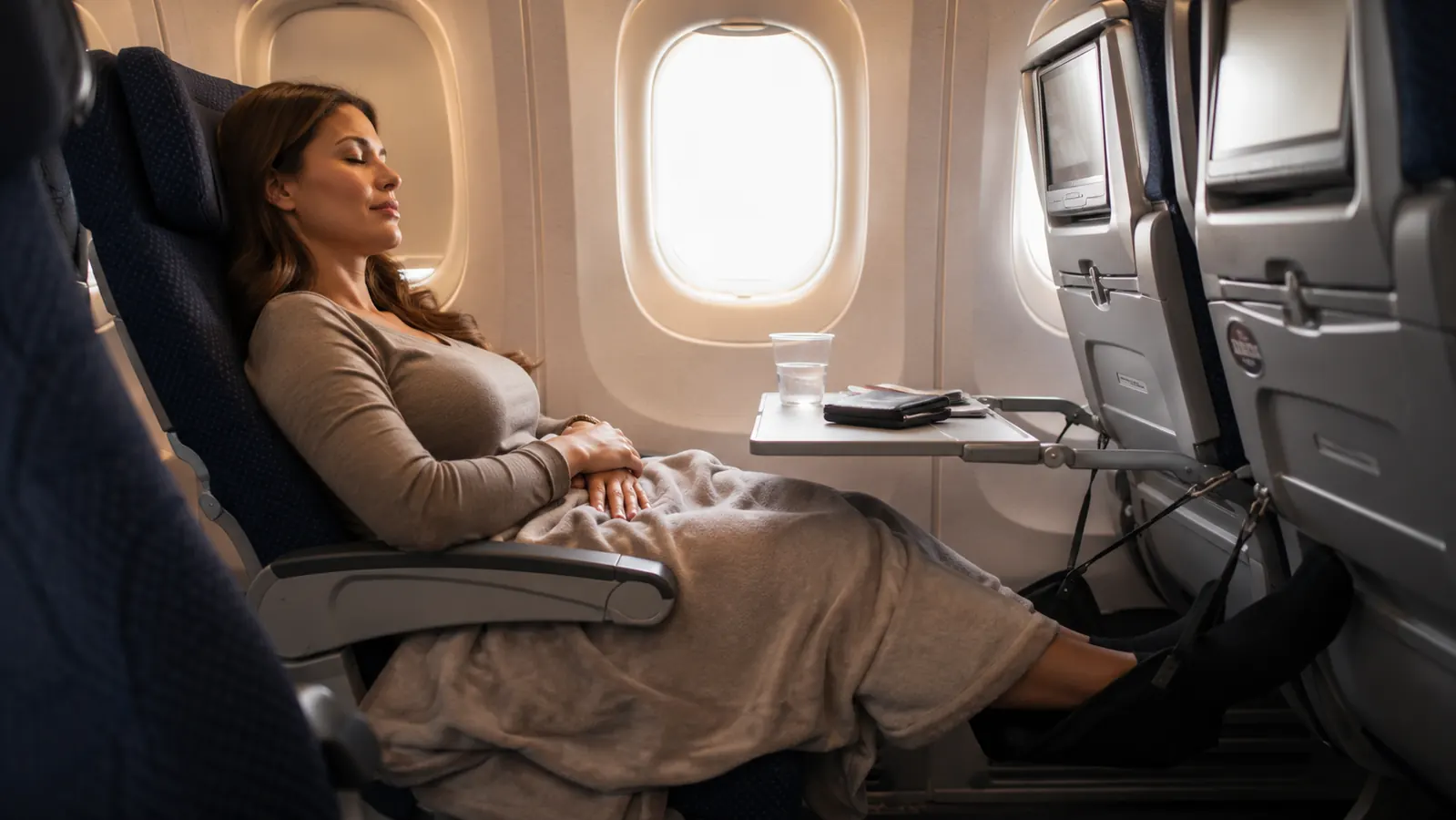 Woman resting comfortably in an airplane seat with her feet elevated in a foot hammock, eyes closed