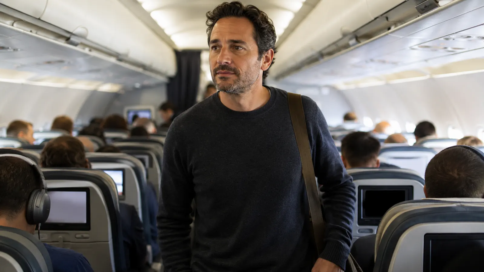 Traveler walking down a narrow airplane aisle during a flight, stretching legs between seated segments