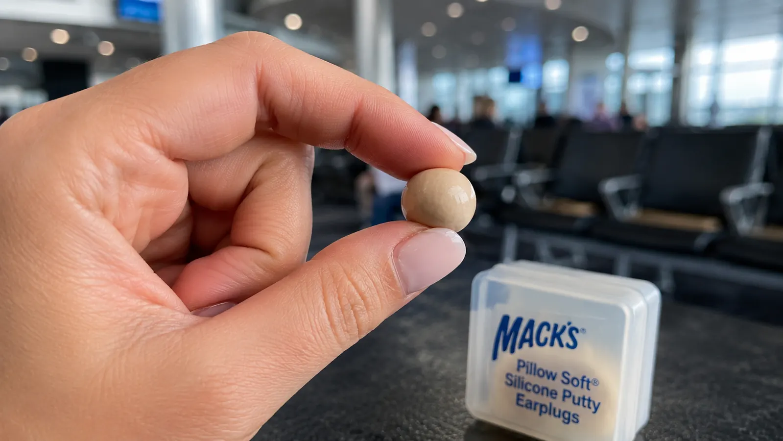 Close-up of a hand rolling a small ball of Mack's Pillow Soft silicone putty earplugs between two fingers before placing it over the ear canal