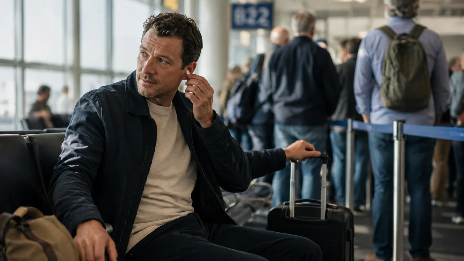 Traveler waking up alert at an airport gate as boarding begins, peeling an earplug out of one ear while gathering a carry-on bag