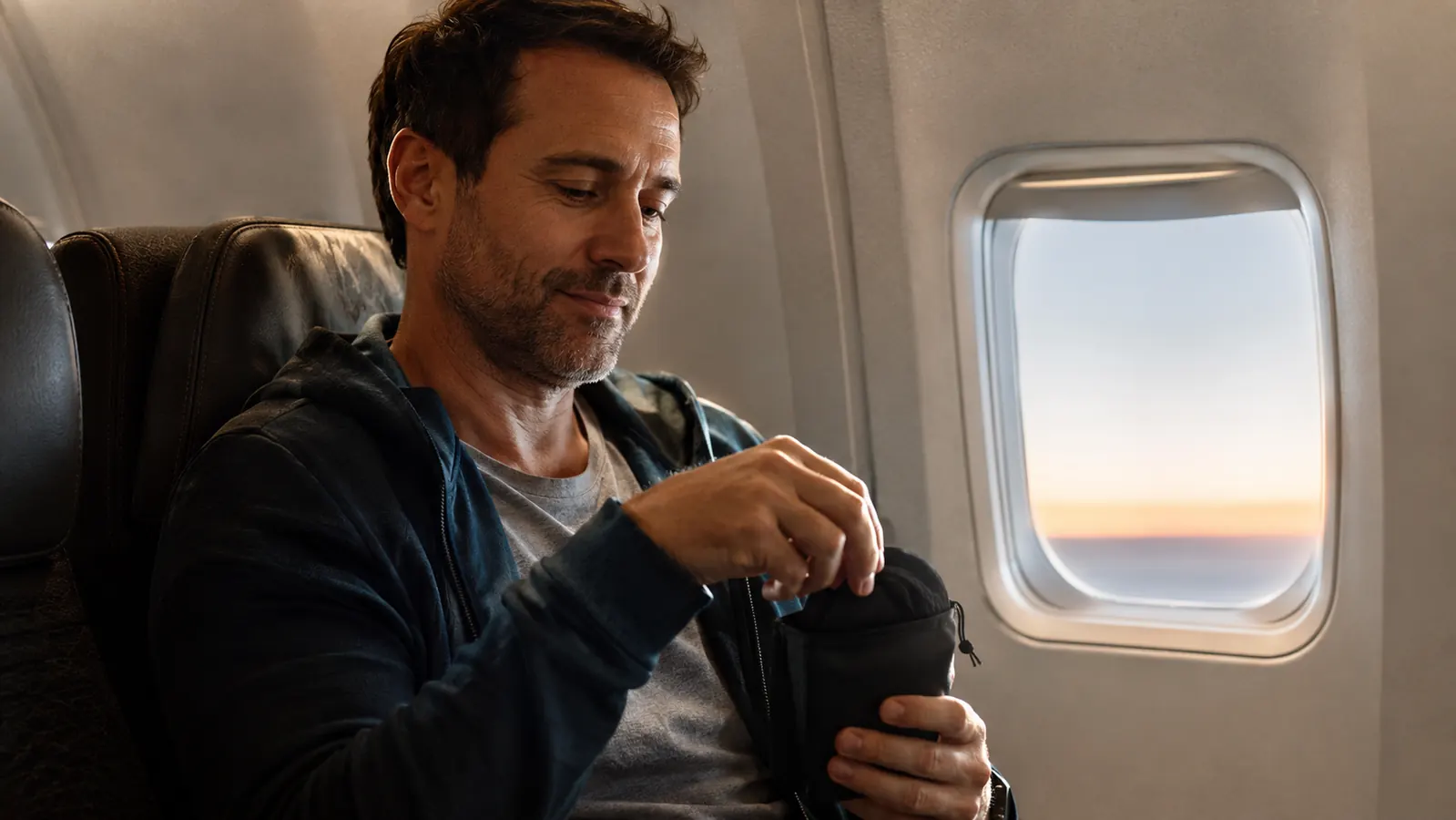 Traveler waking up at sunrise on a plane, folding a sleep mask into a small pouch as the window shade opens