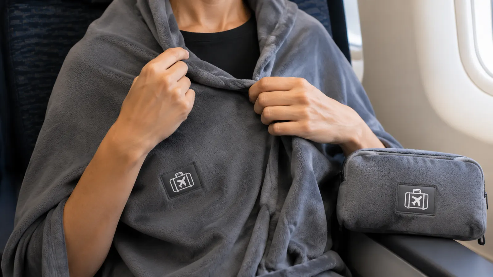 Hands pulling a travel blanket's hood up over the shoulders in an airplane seat, poncho-style