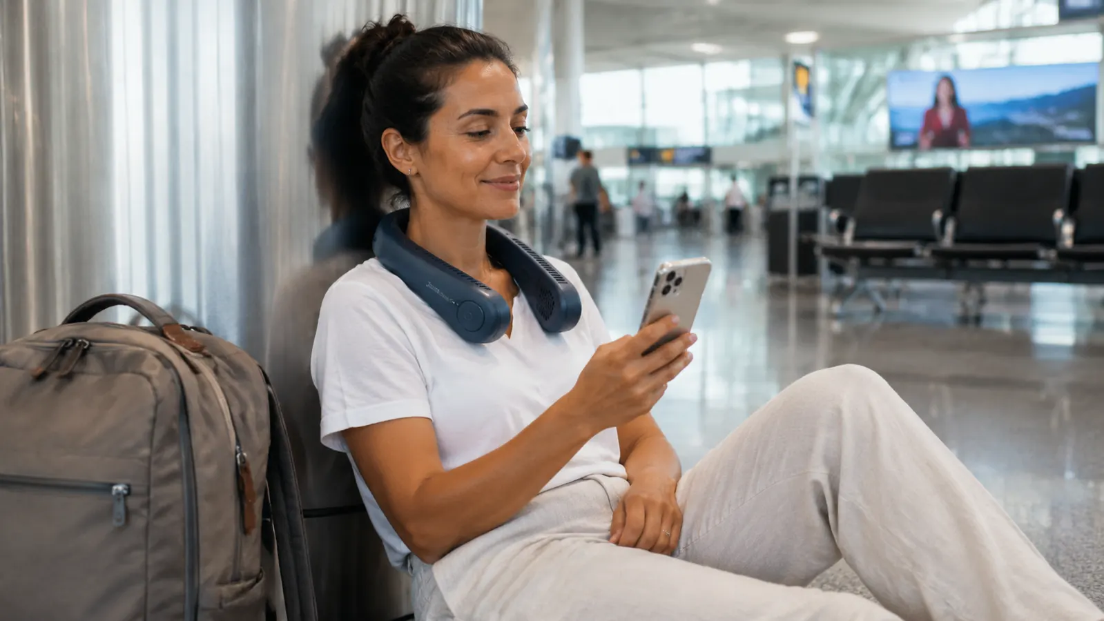 Woman wearing a JISULIFE bladeless neck fan around her neck while sitting on the floor near an airport gate