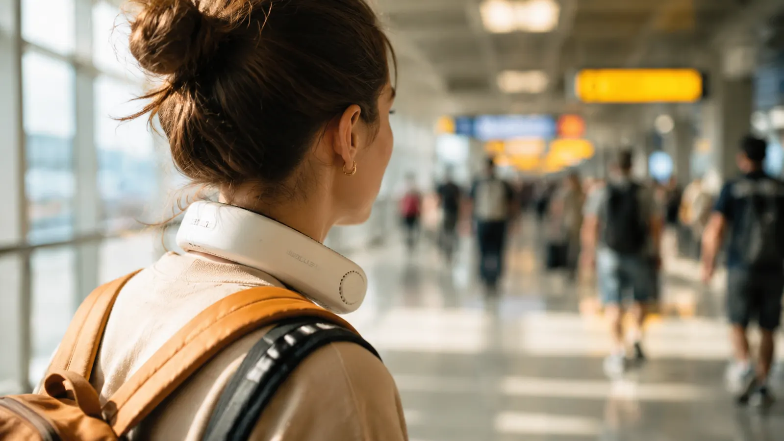 Traveler wearing the JISULIFE neck fan while walking through an airport terminal with a backpack strap crossing the fan's arms