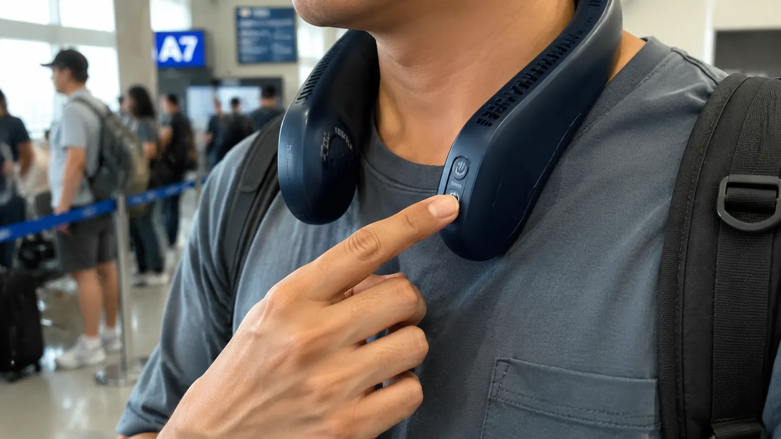 Hand adjusting the speed button on the JISULIFE neck fan while seated at a crowded airport gate
