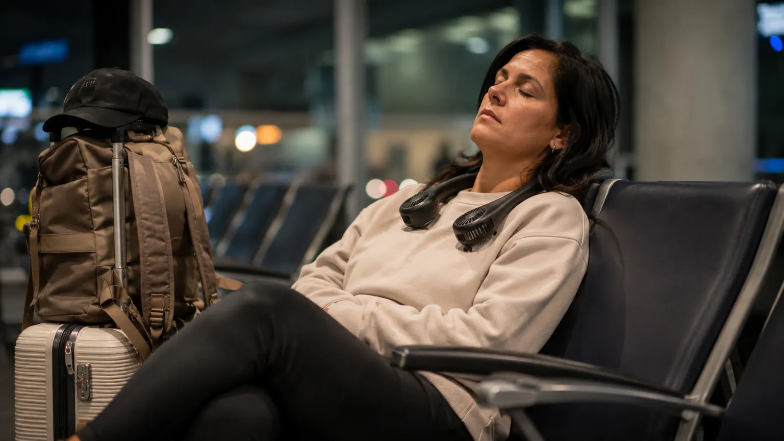 Traveler napping in an airport terminal chair with the neck fan resting around her neck, luggage stacked beside her