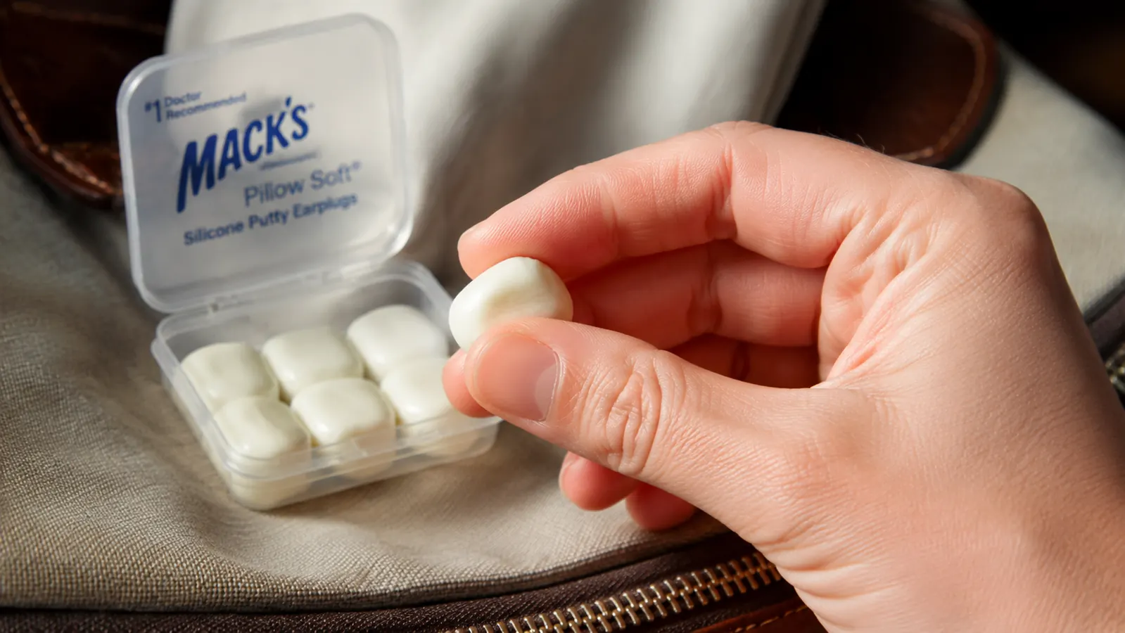 Hand rolling a piece of Mack's Pillow Soft silicone earplug putty into a small ball between two fingers