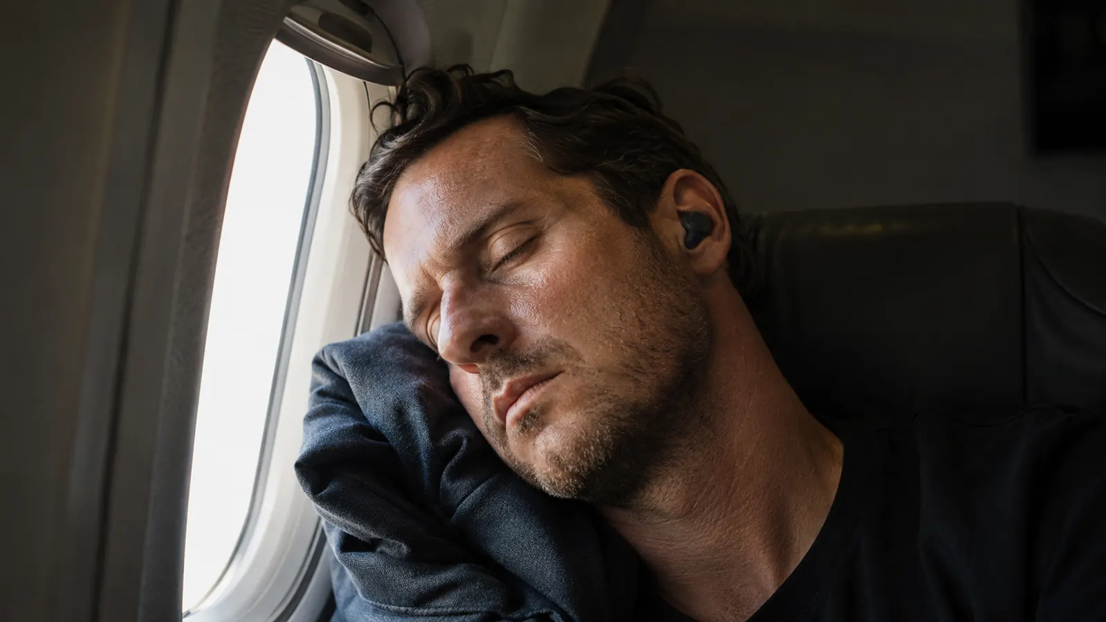 Traveler asleep in an airplane window seat with earplugs in, head resting against a folded jacket