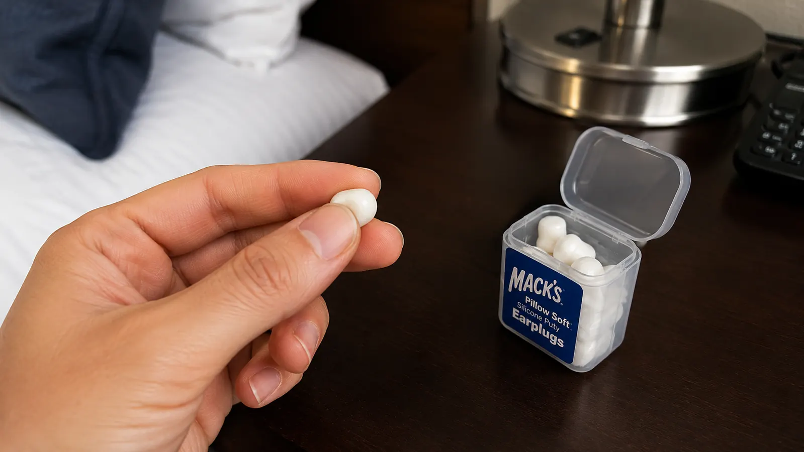 Hand rolling a ball of Mack's Pillow Soft moldable silicone earplug between two fingers before pressing it over the ear canal opening