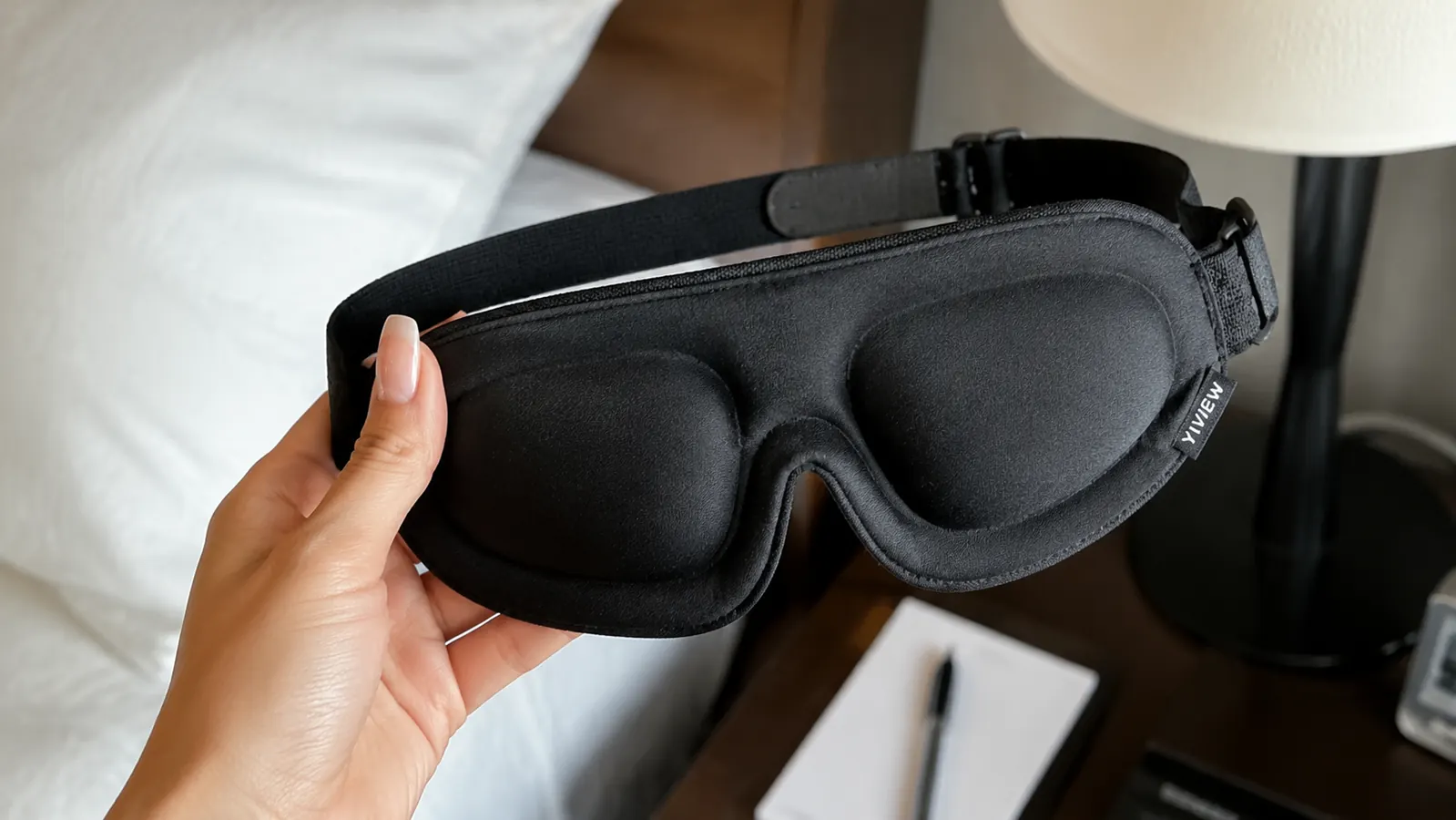 Close-up of the YIVIEW sleep mask showing the molded eye cups and adjustable strap
